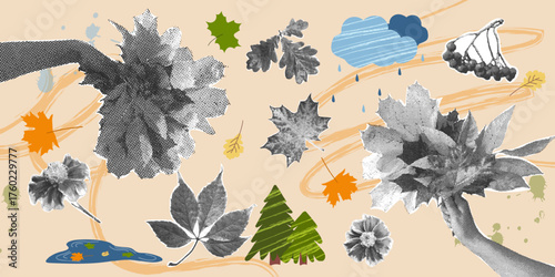A collage featuring autumnal elements: hands and foliage. A trendy halftone collage. Vector illustration with a grainy photocopy effect for flyers, banners, and social media.