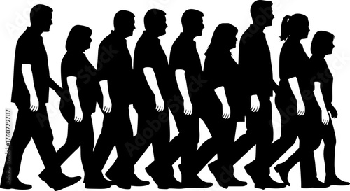 Diverse Community People Silhouettes Walking Together, Inclusion Vector