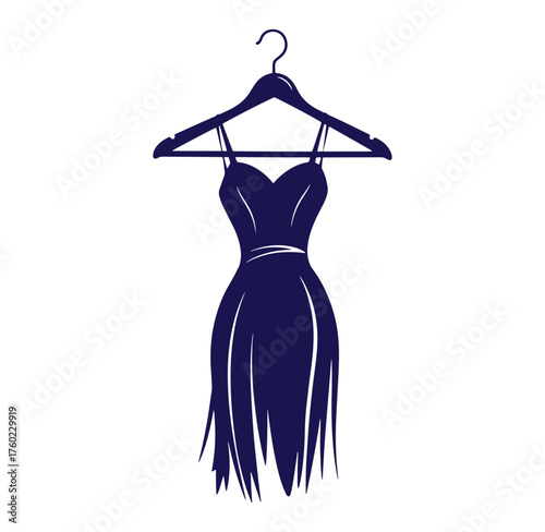 Elegant dark blue dress on a hanger illustration for fashion and design concepts