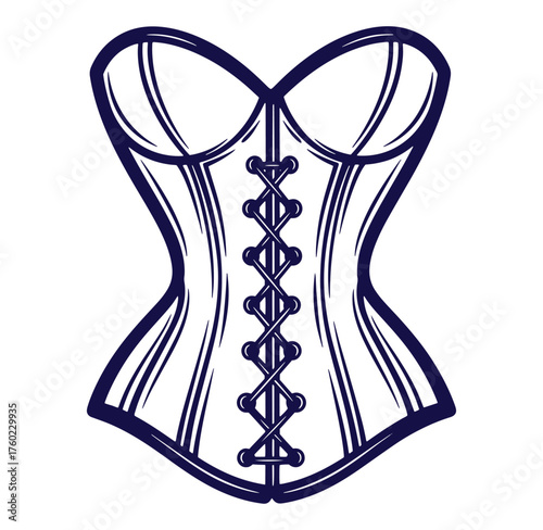 Elegant dark blue outlined vector illustration of a classic corset on a white background