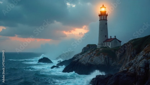 Wallpaper Mural Coastal beacon illuminating stormy seas at twilight A tall, weathered stone lighthouse standing on a rocky cliff edge. Its powerful beam of light pierces through dense fog and illuminating crashing, Torontodigital.ca