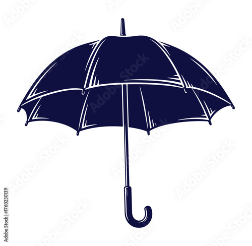 Elegant dark blue umbrella vector illustration with outline details isolated on white background