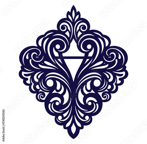 Elegant decorative flourish design in navy blue with swirls and ornamental elements