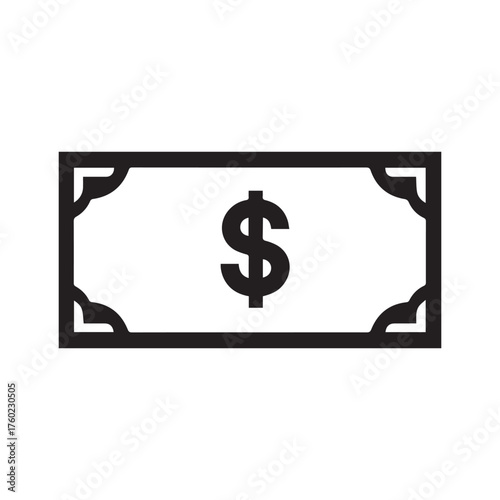 Black dollar bill icon isolated on the simple white background element