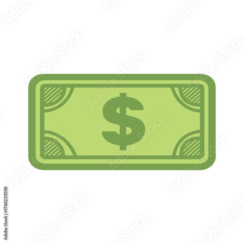 A simple green paper bill with the dollar sign displayed on a white background