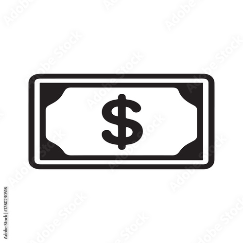 Black dollar bill icon featuring simple money outline on a white background