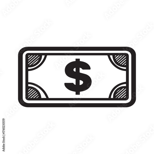 Black dollar bill features striped corner elements on a white background