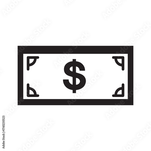 Black dollar bill icon displays with simple money symbol on a white background