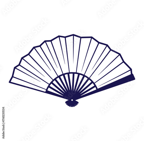 Elegant handheld fan in navy blue line art design on isolated white background