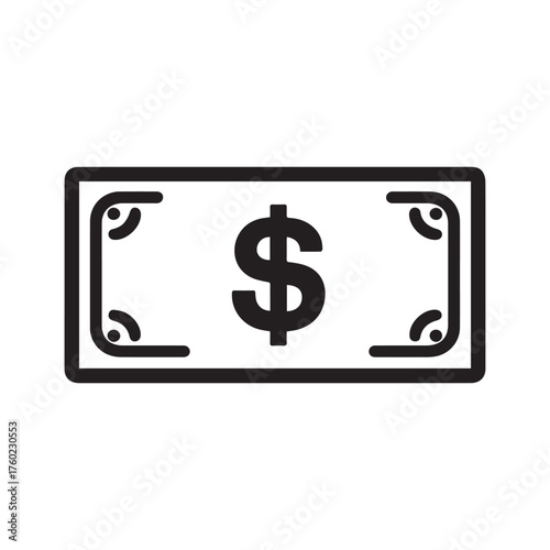 Black dollar bill icon showing american currency symbol on white background for design