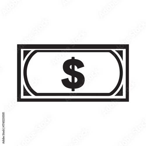 Black money icon displays dollar currency symbol with simplistic frame on a white background