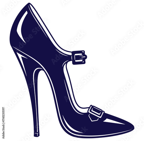 Elegant high heeled shoe vector illustration with buckle detailing in a dark blue color.