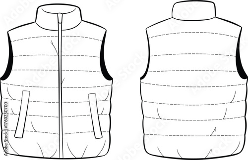 Puffer vest flat sketch, vector fashion technical drawing front and back, sleeveless quilted jacket design template for men and women