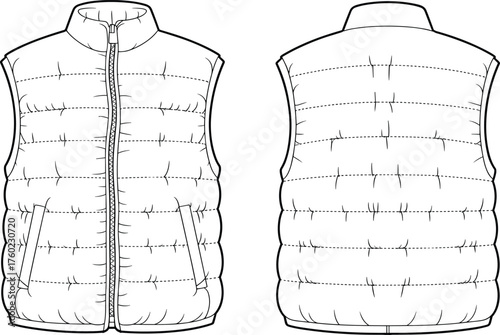 Puffer vest flat sketch, vector fashion technical drawing front and back view, sleeveless winter jacket design for men and women
