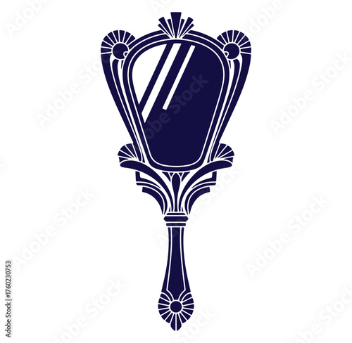 Elegant hand mirror in a vintage art deco style with ornate details and reflection