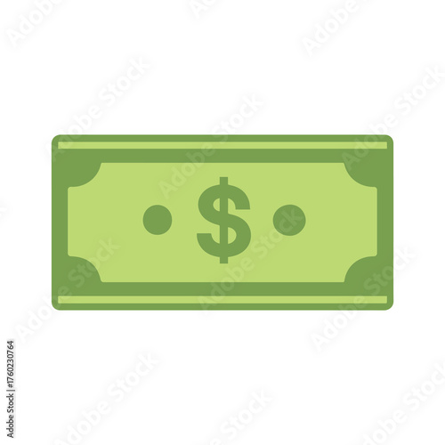 One green american dollar bill features rounded corners over a white background
