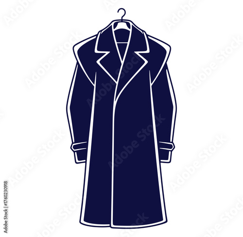 Elegant long coat silhouette depicted on a hanger perfect for fashion and apparel designs