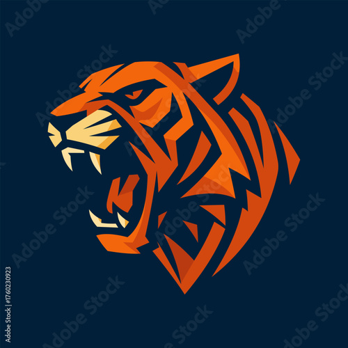 Vector Illustration of a Roaring Tiger Head in flat style with bold orange color and dark blue background.