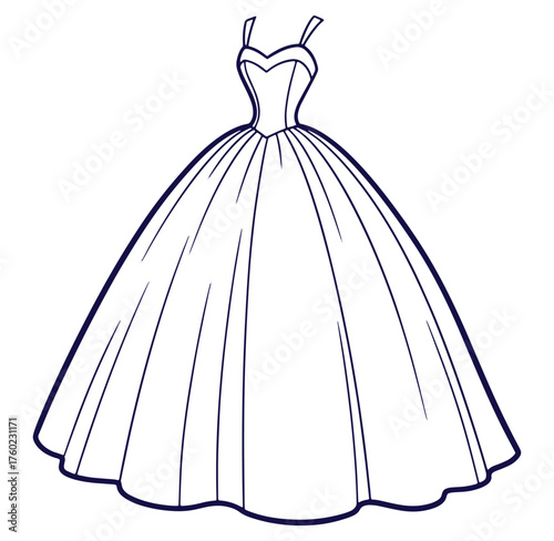 Elegant outline illustration of a ball gown with a classic silhouette for fashion concepts