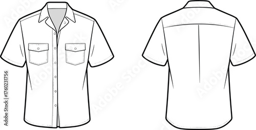 Short sleeve open collar shirt fashion flat, vector technical drawing with chest pockets and button front casual summer design