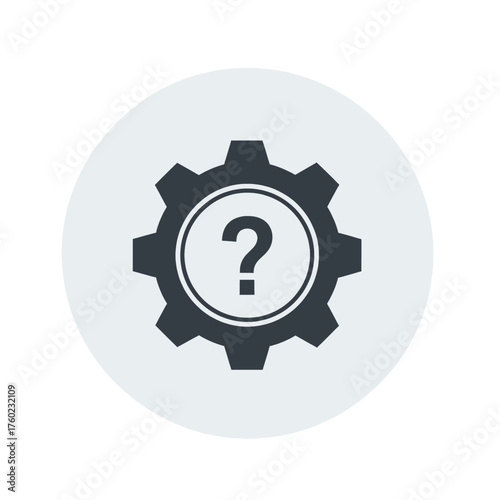 Question mark symbol inside a gear icon for troubleshooting, settings, and information