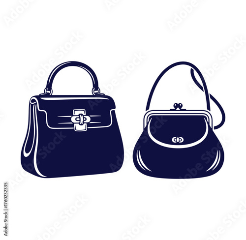 Elegant vector illustration of two stylish handbags in dark navy blue with white outline