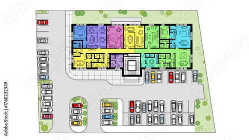 Aerial View Black Line Colorful Drawing of Office Building Floor Plan – Integrated Surface Parking with Vehicles