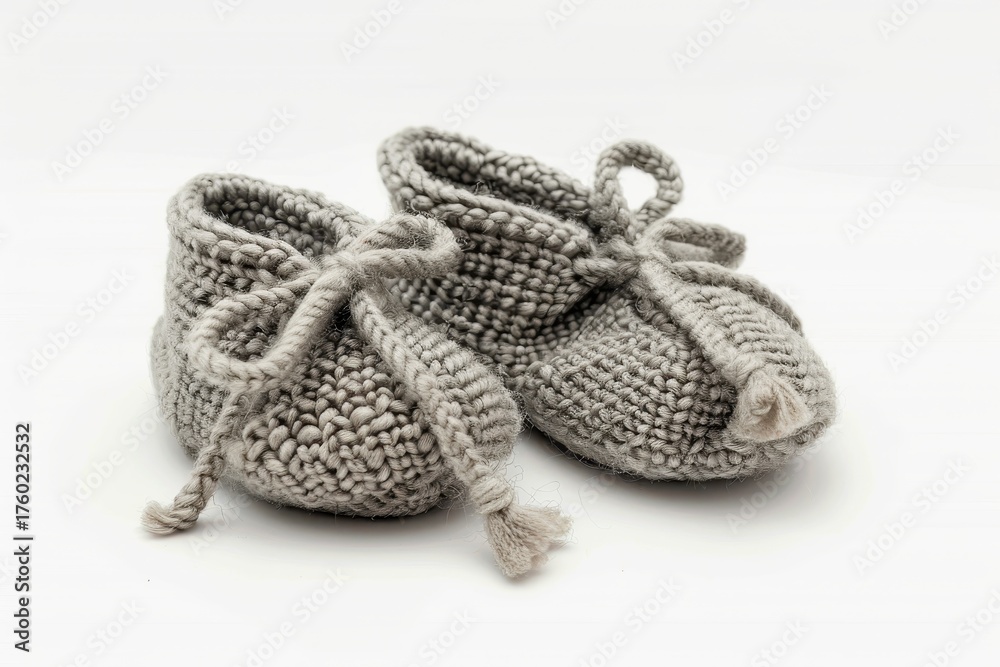 Fototapeta premium A pair of gray knitted baby shoes