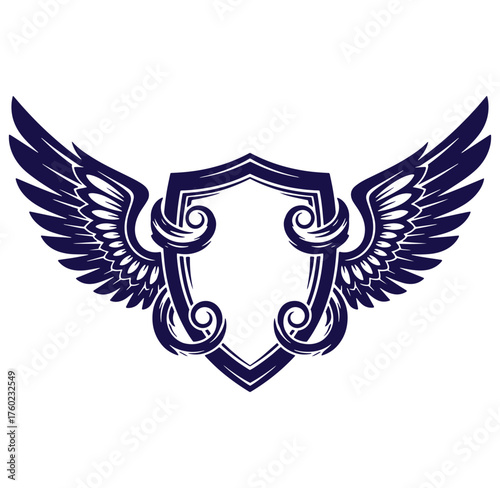 Elegant winged shield emblem vector design with decorative feathered wings and scroll elements