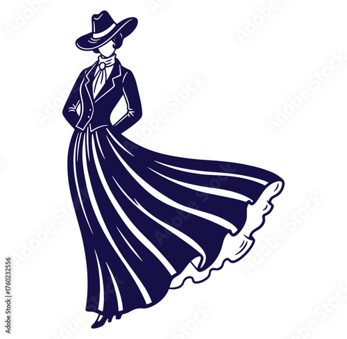 Elegant vintage woman silhouette wearing a hat and long dress in a minimalist style