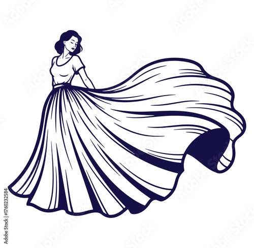 Elegant woman in flowing dress silhouette fashion illustration for design and decoration