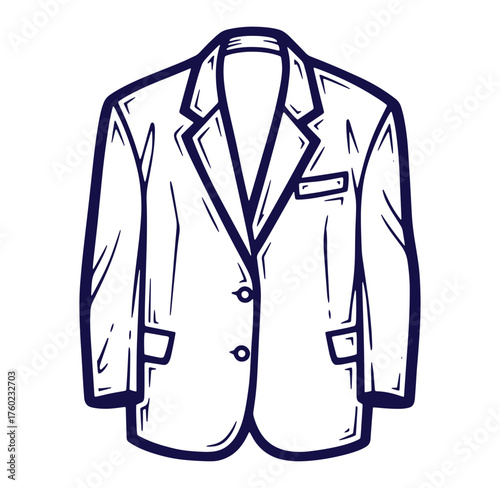 Hand drawn illustration of a classic blazer coat outlined in dark blue on white background
