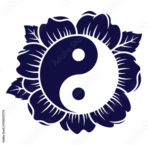Elegant yin yang symbol within a floral design represents harmony and balance