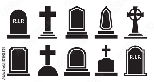 Black and white cemetery gravestone icons in various shapes design, vector illustration