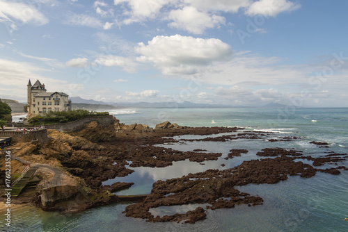 Cliffside Elegance: a coastal view featuring a striking castle perched dramatically on a rocky clifftop overlooking the sea.
