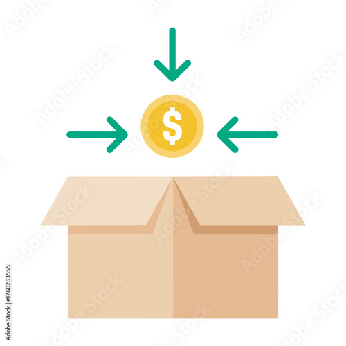 Funding or Investing Concept with Dollar Coin and Cardboard Box, icon, vector illustration