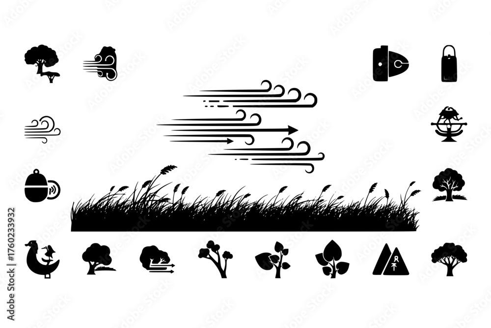 Obraz premium Vector wind field scene icon group meadow horizon prairie bending grass 