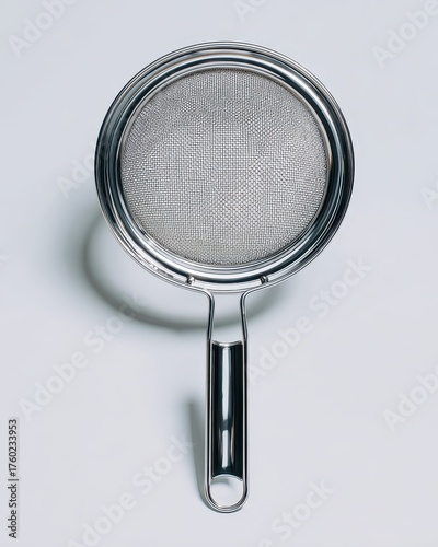 A stainless strain strainer on a white background
