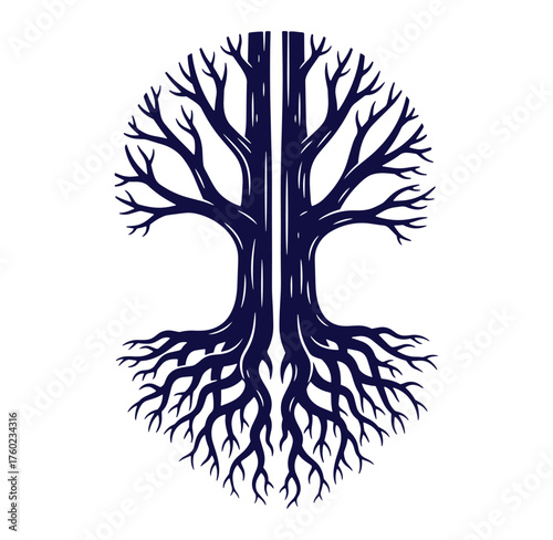 Stylized tree silhouette depicting roots and branches on white background for design