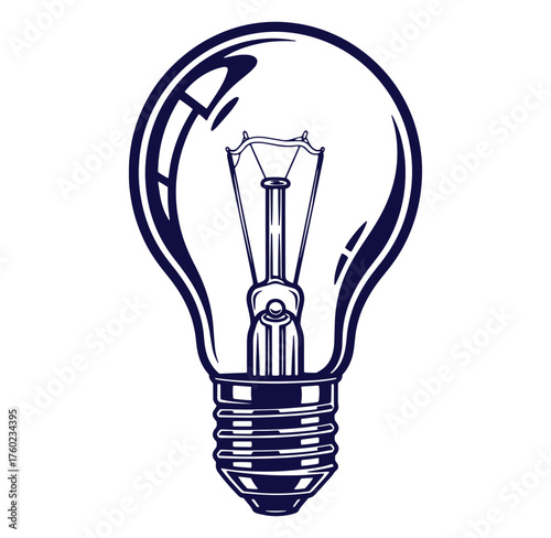 Stylized dark blue outline of a classic incandescent light bulb on a white background