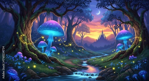 Wallpaper Mural Enchanted forest scene with glowing mushrooms and castle at sunset Torontodigital.ca