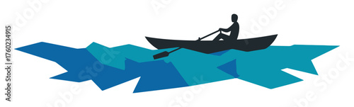 Minimalist Polygonal Person Rowing Boat on Clean Ocean Vector