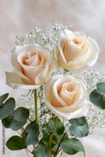 3 cream colored roses, eucalyptus, and baby breath with green leaves in the background