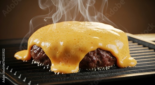 Steaming melted cheese sauce covering a juicy beef patty on a hot grill
