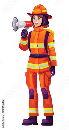 Female firefighter in uniform holding a megaphone to give instructions or emergency announcement. She is ready to speak to the public. Vector cartoon character illustration