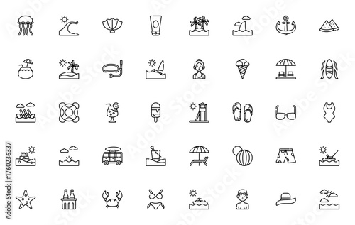 Beach icon set. Summer vector illustrations. Include symbols for jellyfish, wae, oyster, shark, snorkel,surfing, swimsuit, sand catle, coconut drink and mor.