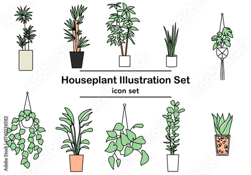 室内に飾る観葉植物をテーマにしたシンプルな線画アイコンセット｜鉢植えや吊り植物など多様な観葉植物をミニマルデザインで表現したベクター素材