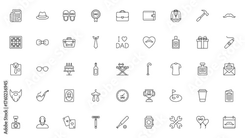 Fathers Day icon set. Minimal vector illustrations. ncludes symbols for gift, ad, tie, watch, tools, cigr, golf, card and more. Edtable stroke design.