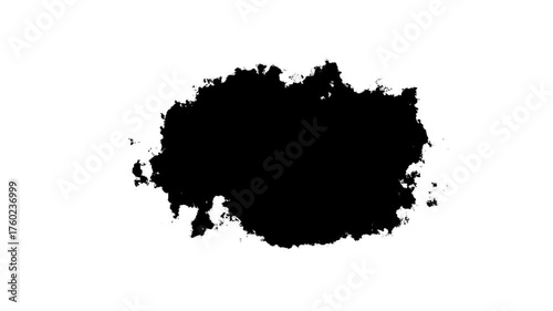 Transitions of black expanding paint stains on white backdrop Grunge Ink spreads and fills the screen. Beautiful black watercolor ink leak drops.