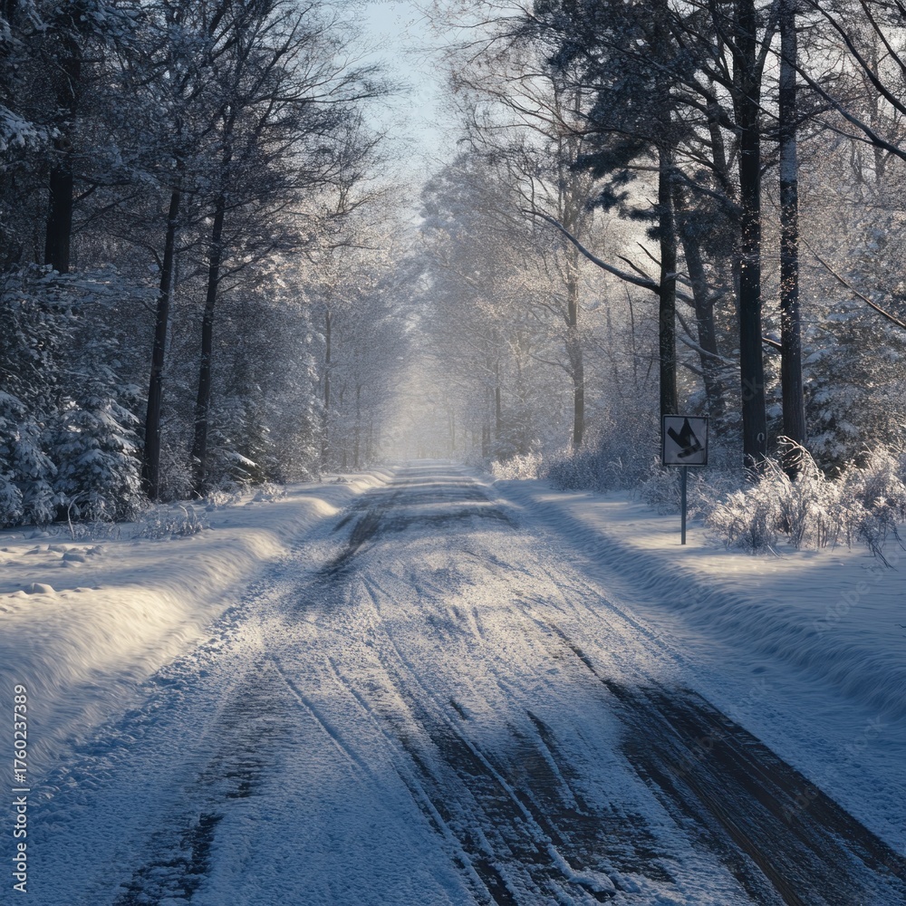 Fototapeta premium Snowy road through winter forest landscape